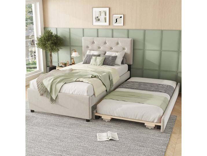 Lit simple - YEHTOKHOME - Lit 90x200 cm avec gigogne 90x190 cm - Velours beige - Sommier à lattes - Gigogne réglable