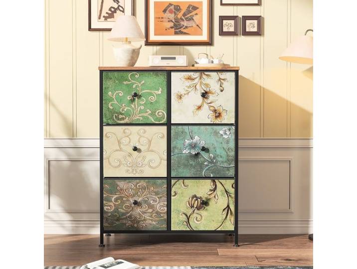 Commode à 6 Tiroirs - 67 5x30x86 5 cm - Meuble de Rangement en Tissu Motif Rétro Impression Florale Cadre Métal - Multicolor