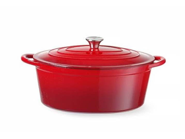 HENDI Gusseisentopf, mit Deckel, für alle Wärmequellen (inkl. Induktion), Kochen-Schmoren-Braten, Ofenfest, 6,88L, 405x255x(H)134mm, Emailliertes Gusseisen, rot