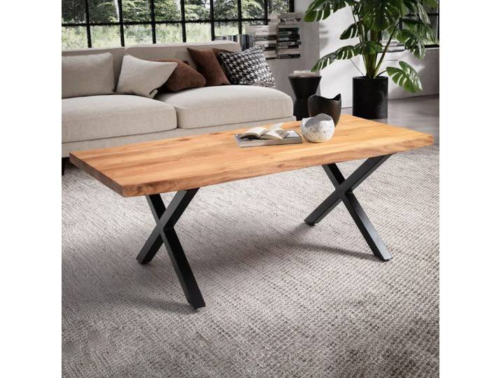 Table basse pieds croix 120x60x46 cm en acacia naturel et métal noir