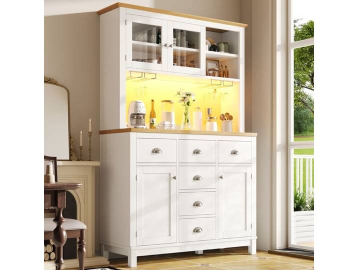 Buffet Haut de Rangement 104x40x180cm – Style Cottage – 4 Portes 6 Tiroirs avec Bandeau LumineuxLED et Porte-Bouteilles – Blanc