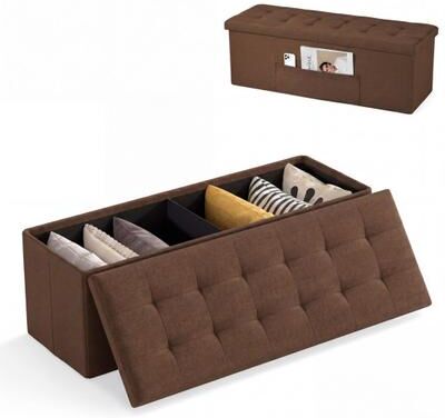 Costway 43 Inches Folding Storage Ottoman Bench Linen End of Bed Bench with Padded Seat-Brown