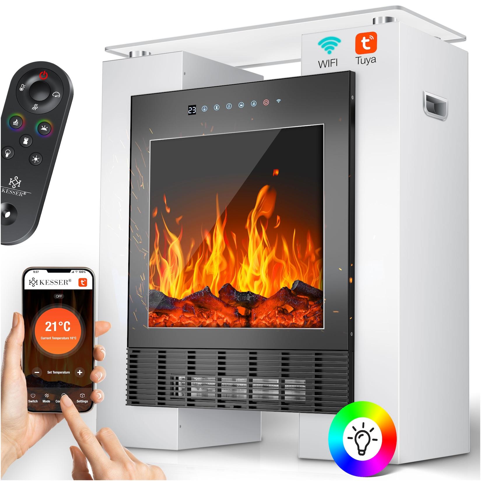 KESSER® LED Kamin mit Heizung elektrisch Heizlüfter Elektrokamin mit Thermostat, Standkamin mit realistischem Feuer -/ Flammeneffekt per App + Fernbedienung & WLAN – mit Timer,15-35°C