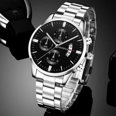 Combo Retail Shop Fashion Men Watches, Luxury Silver Stainless Steel Quartz, Business Watch For Men, Calendar Clock silver Black