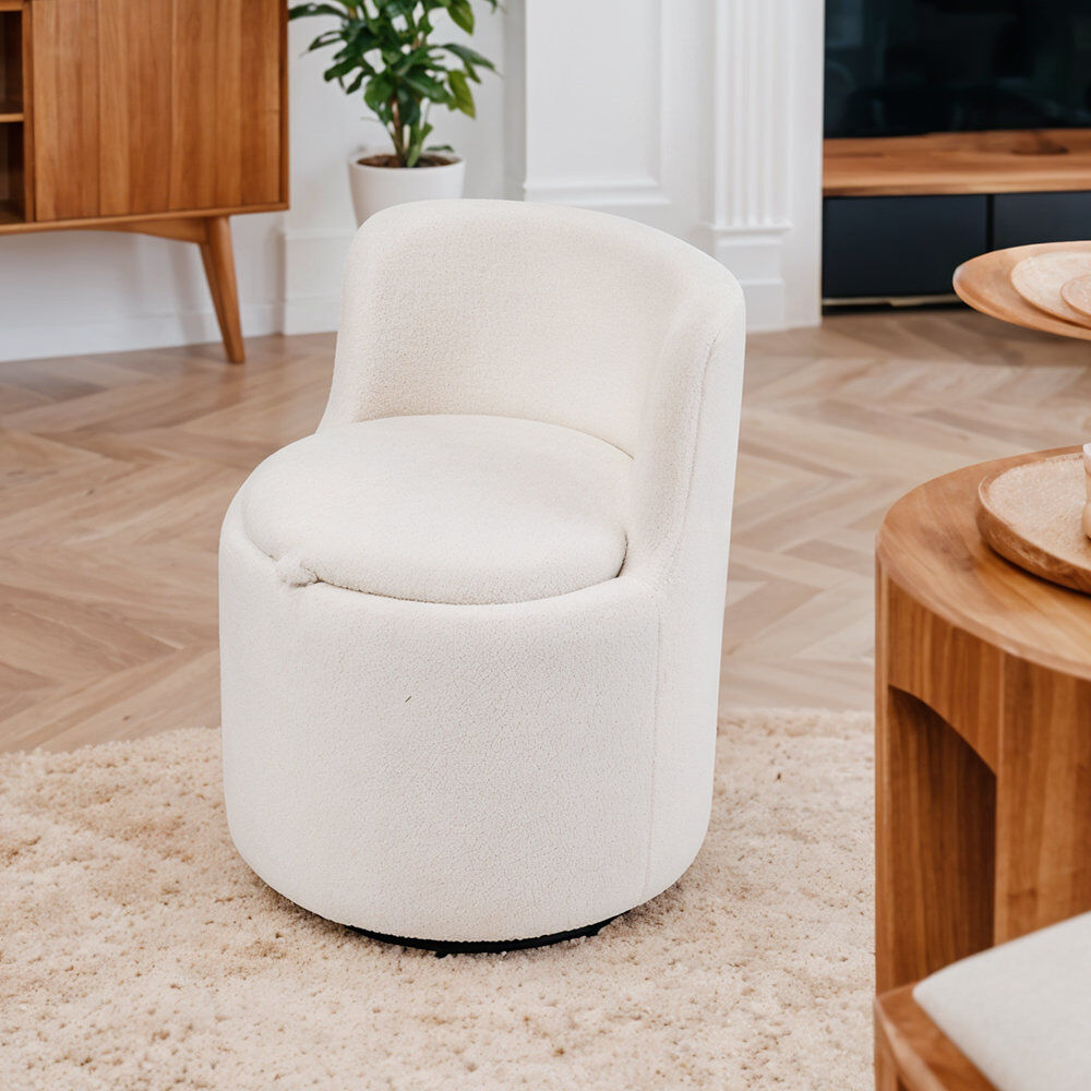 Metro Upholstered Teddy and Sherpa Swivel Barrel Chair White 72cm H X 56cm W X 51cm D