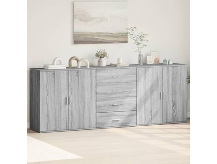 Jkghdrt Sideboard 3 STK. Grau Sonoma Holzwerkstoff Schrank Stabil, feuchtigkeitsbeständig, pflegeleicht, viel Stauraum, Ablagefläche, Wandmontage empfohlen