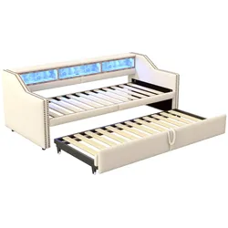 STILVORA Schlafsofa Leinenstoff Beige 90/180x200 cm, ausziehbar, mit USB, LED, Ablagefächern