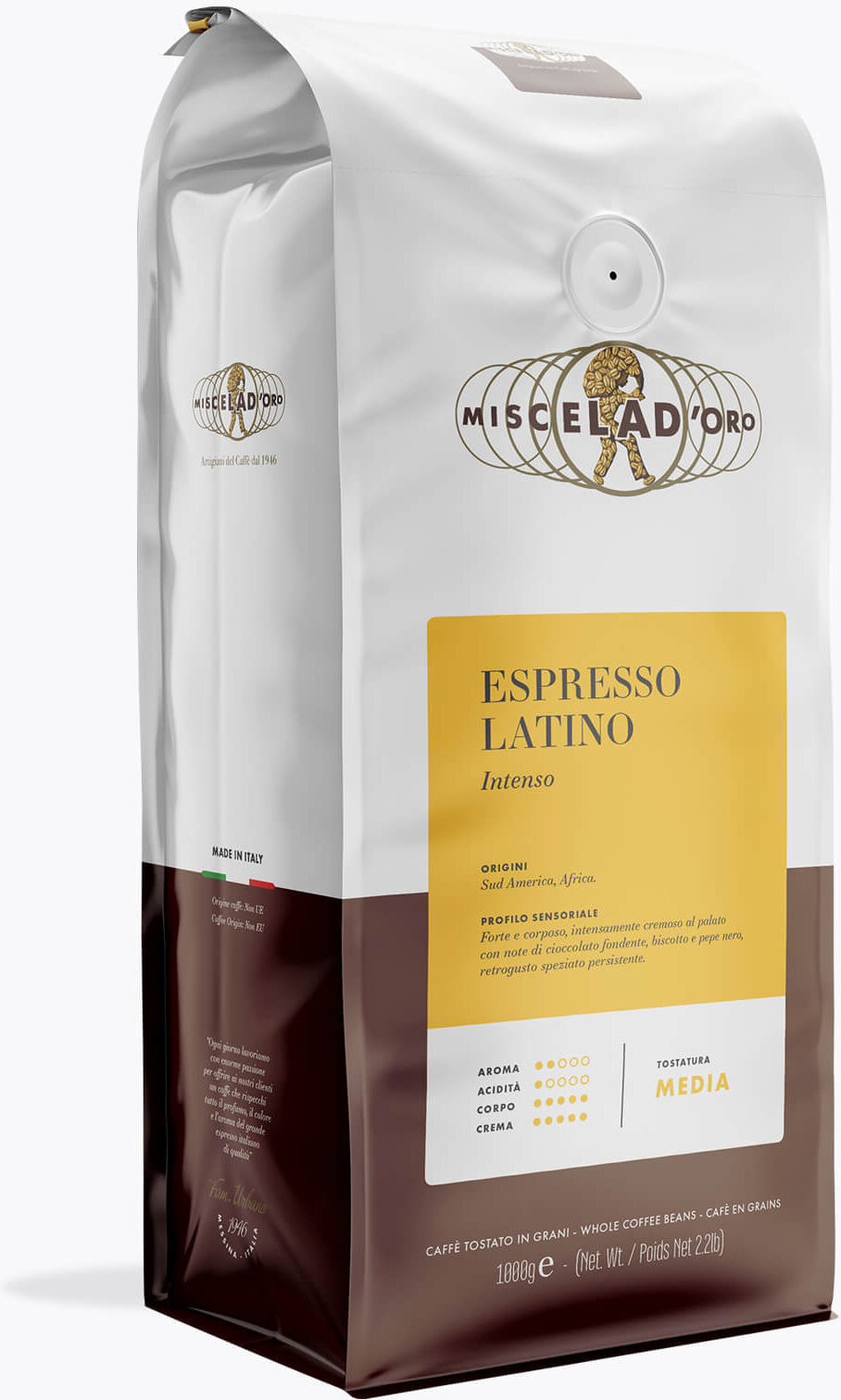 Miscela d'Oro Latino 1000 g   Hele bonen   Azië, Afrika   Krachtige Italiaanse espresso met intense chocolade, nootachtige karameltoetsen