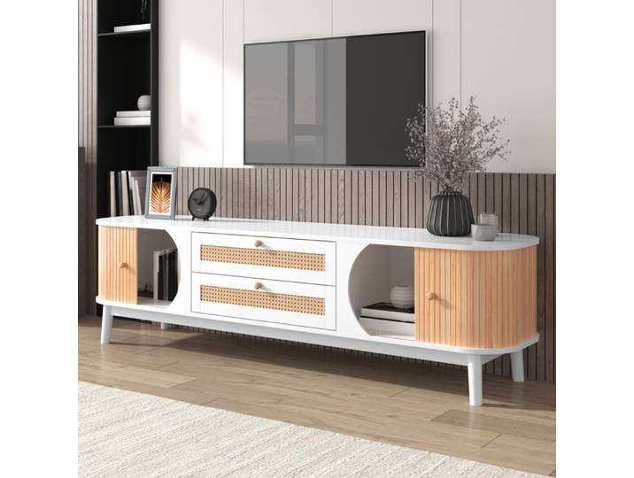 Meuble TV Rotin 2 Portes 2 Tiroirs Meuble TV avec Portes et Tiroirs MDF Salon 170x39 5x46cm Blanc et Bois