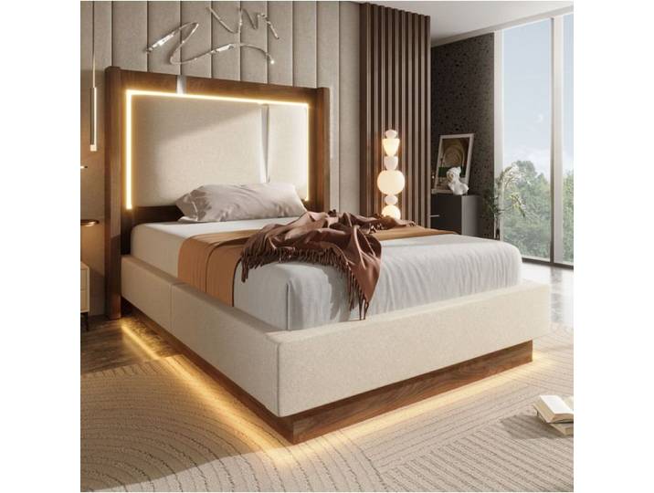 Lit coffre enfant 90x200 cm lit simple avec LED et rangement Lin Beige