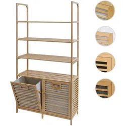 Bambus-Badezimmerschrank HWC-N83, Regal Badschrank, 2 Wäschekörbe 4 Regalböden FSC® 168x81x33cm ~ natur, Korb hellgrau