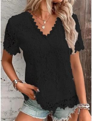 Daily Deals Depot Elegant Lace White V Neck Women Blouse Slim Fit Summer Office Casual Top black m