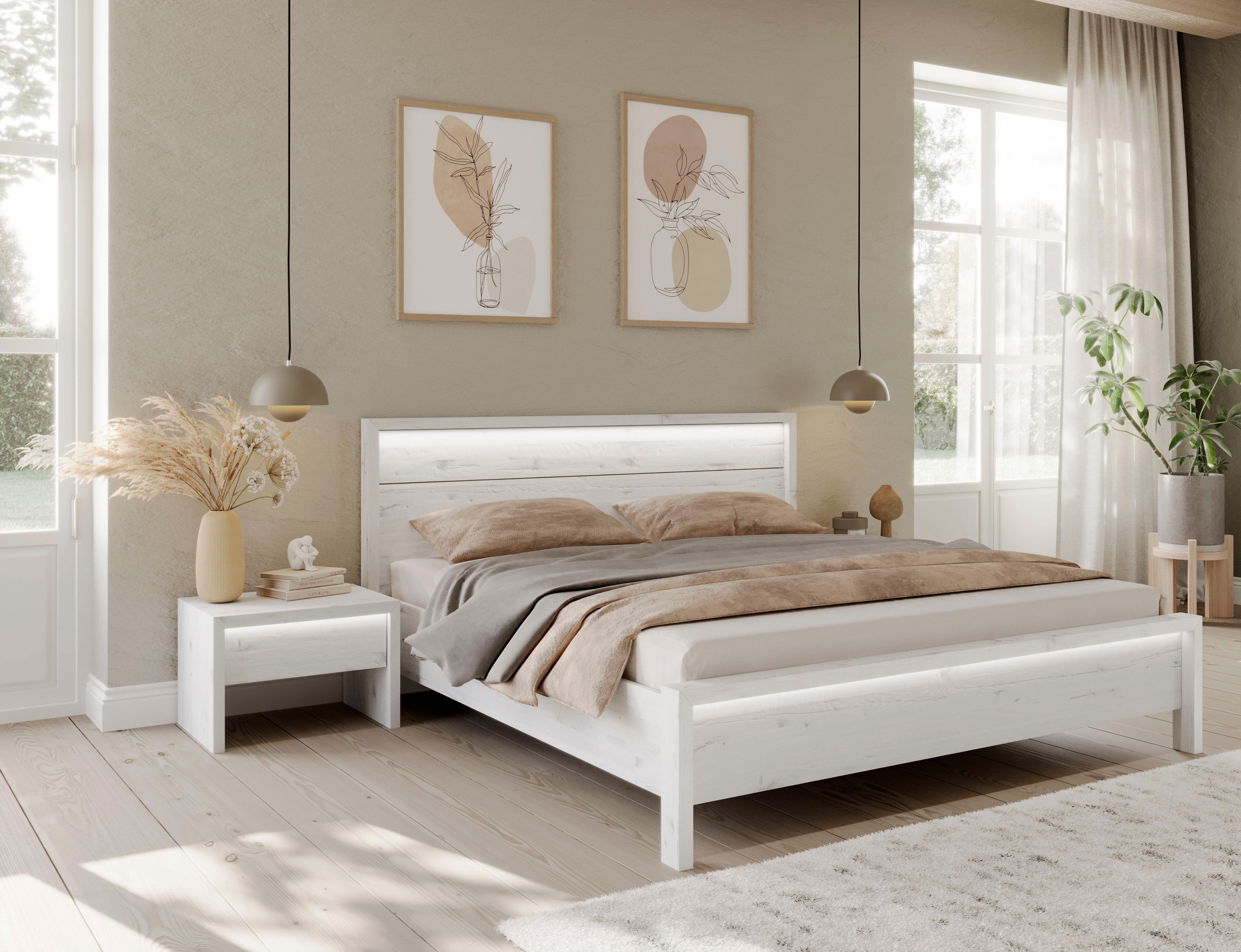 Massivholzbett HOME AFFAIRE "Moivre", weiss (weiß), B:209cm H:97cm L:214cm, Betten, Massivholzbett, inkl. LED-Beleuchtung weiß Liegefläche Länge B: 200cm x 200cm, LED-Leuchtmittel, Höhe Bett: 97cm Höhe Bettseite: 46cm Höhe Liegefläche: verstellbar
