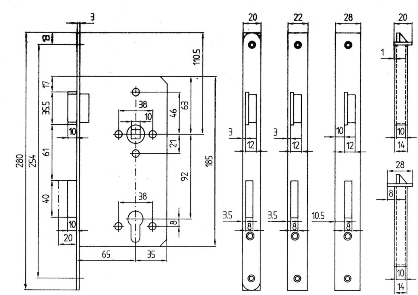 BEVER Einsteckschloss 290 P, PZW92/10, D65 F20x280ktg, Si, DR ; Bever & Klophaus (290PKRS)