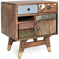 Nachttisch Dhaval aus Mangoholz, klassischer Stil, natur bunt, 1 Schublade, 2 Türen, 50 cm