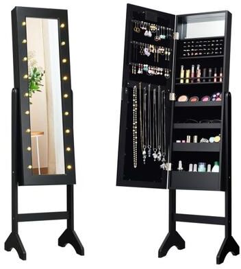 Costway Mirrored Jewelry Cabinet Armoire Organizer w/ LED lights-Black
