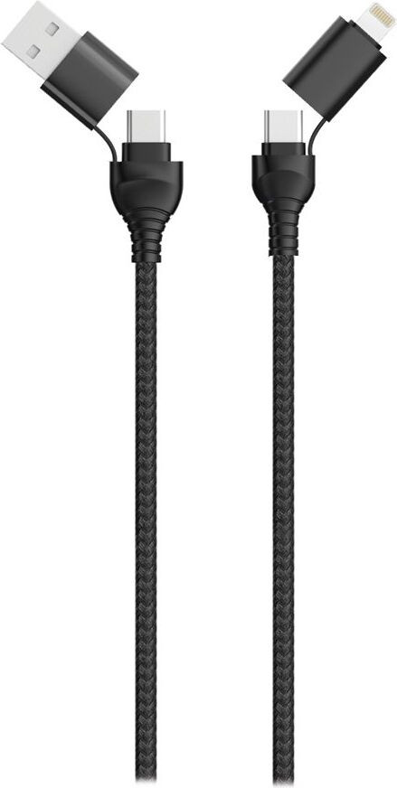 2GO 4-in-1 USB en Type C oplaadkabel met USB-A en Lightning, 1,2 meter, zwart