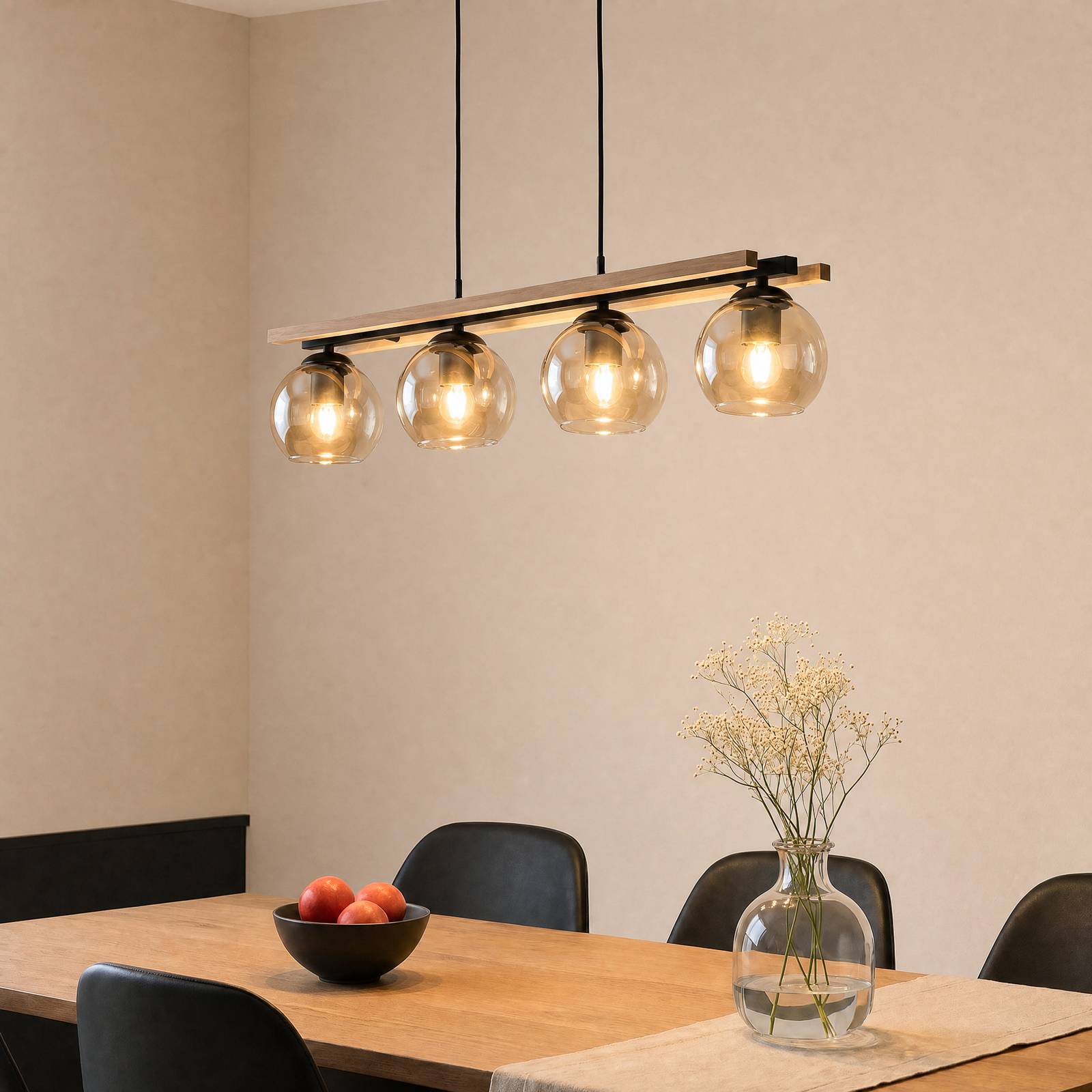 Glass Pendant Light Enrique Lindby, dimmable, Dark wood, Living / Dining Room, Glass, Modern, Ceiling Light