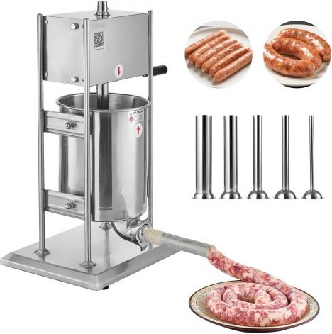 VEVOR Handmatige worstvulmachine 10L, Verticale vleesvuller van roestvrij staal in zilver met 5 vulmondstukken en 2 snelheden