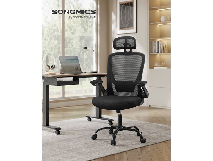 SONGMICS Chaise Bureau Ergonomique en Toile, Fauteuil, Support Lombaire Rembourré, Mécanisme à Bascule, Assise Large de 53 cm, Accoudoirs Rabattables, Appui-tête