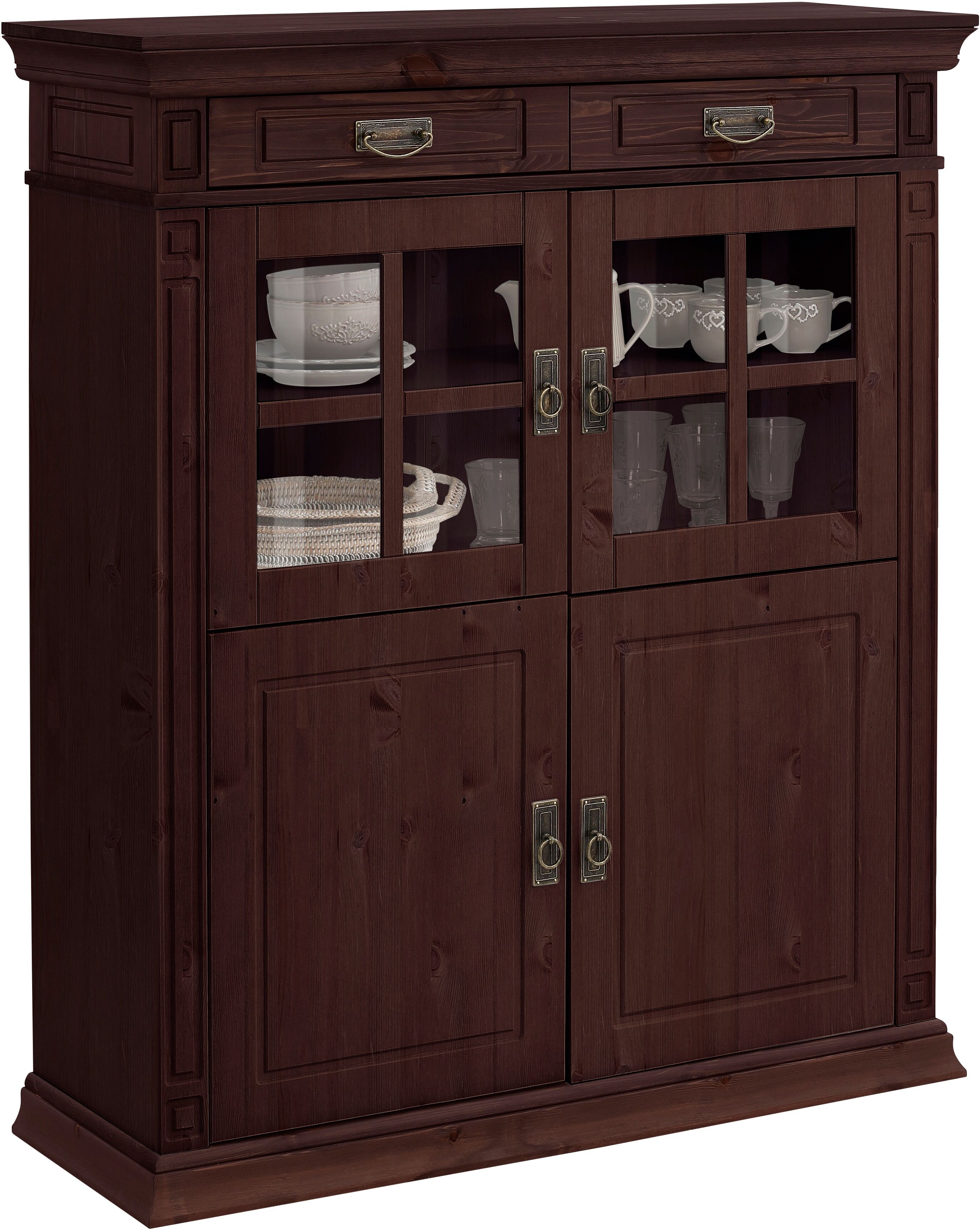 Highboard GOODPRODUCT "Vinales, 2 Schubladen, 4 Türen, 3 Einlegeböden, Griffe im Jugendstil", braun (dunkelbraun, gebeizt, lackiert), B:112cm H:130cm T:39cm, FSC-zertifiziertes Massivholz, Sideboards, Highboard, Vitrine, Messinggriffe im Jugendstil dunkel