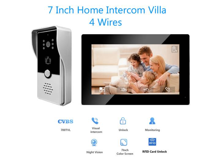 Système d'interphone vidéo filaire à 4 fils, sonnette de caméra de déverrouillage RFID avec écran de 7 pouces, Vision nocturne, sonnette de porte de maison pour Villa M72T