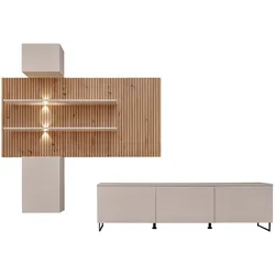 WOHNWAND 4-teilig Sand matt, Eiche Artisan 280 cm, Schrankwand hängend inklusive LED Beleuchtung