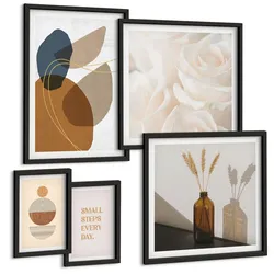 BILDER SET 5er Set - 50x50 cm & 20x30 cm & 40x60 cm Schwarzer Rahmen - Abstrakte Formen Akzente
