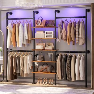 Rackcog 77'' Industrial Pipe Clothing Rack with 5-Tier Shelves, Reversible Closet Organizer System Garment Racks for Hanging Clothes