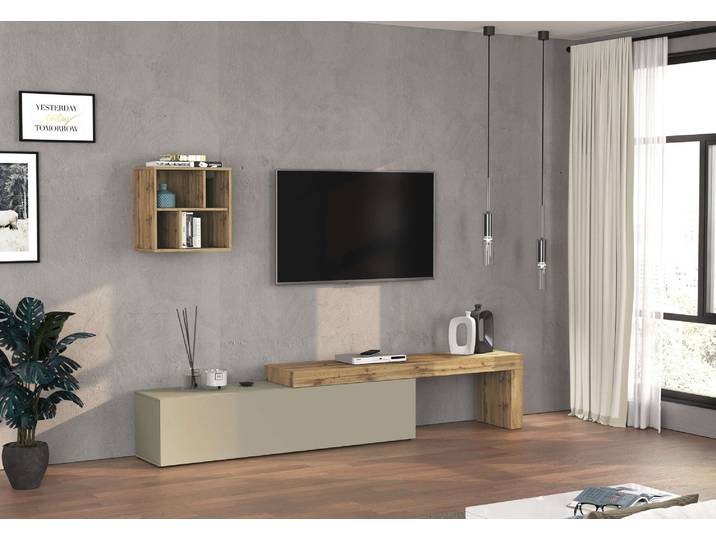 TV-Wand GOODPRODUCT Chronos TV-Set, Wohnwand – Elemente frei platzierbar, Made in Italy , beige (taube, eiche wotan), B:270cm H:190cm T:40cm, Kastenmöbel-Sets, TV-Wand, Lowboard Breite 270 cm, Hängeregal Breite 50 cm, Made in Italy