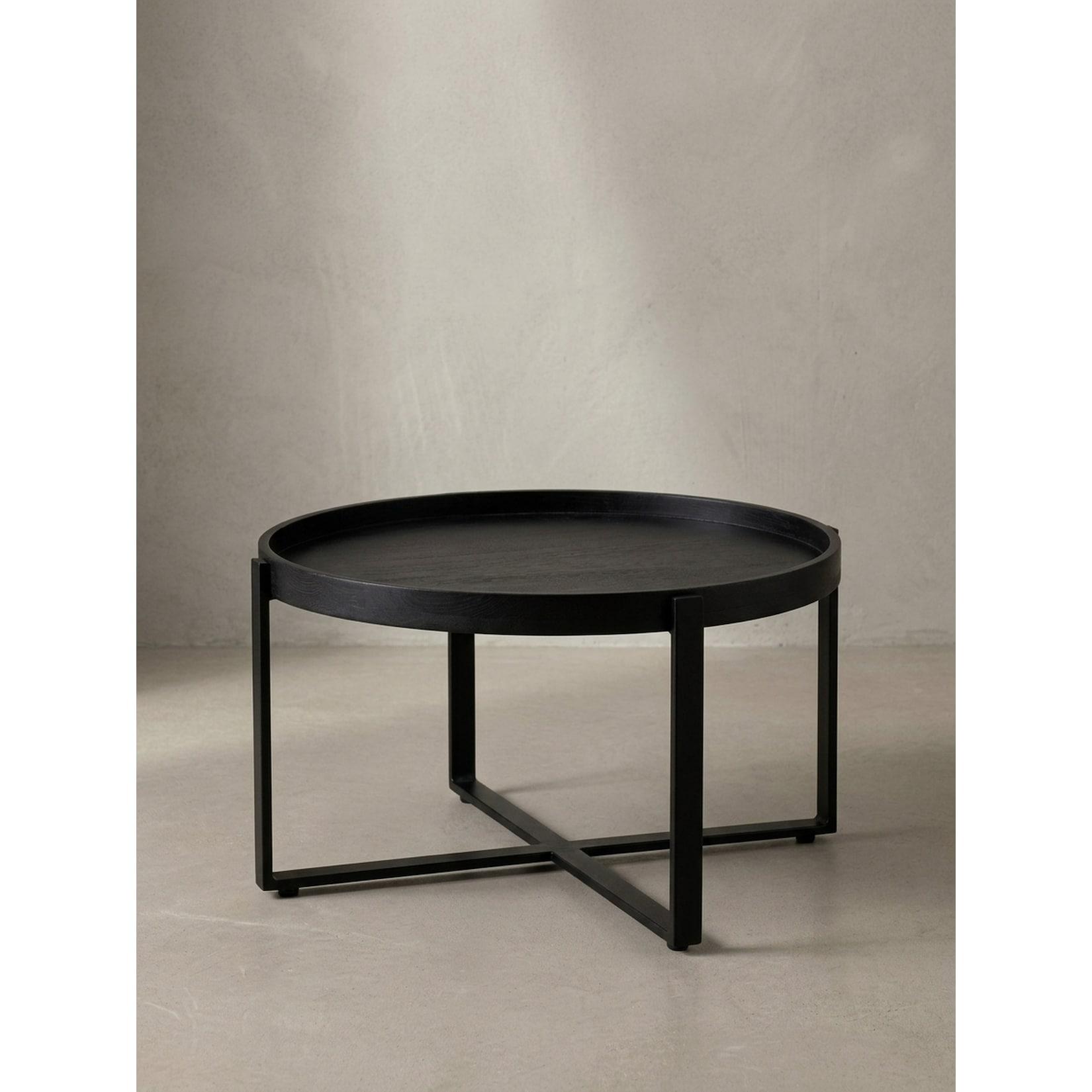 Couchtisch Schwarz Mango Massivholz Metall, Rund mit erhöhtem Rand, 60x60x35 cm