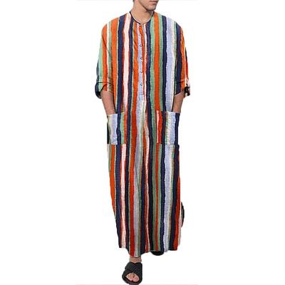 Herren Übergröße Schlafanzug Nachthemd Nachthemd Nachtwäsche 1 Stück Streifen Muslim Täglich Baumwollmischung Komfort Atmungsaktiv Tasche Frühling Herbst Blau Fotofarbe