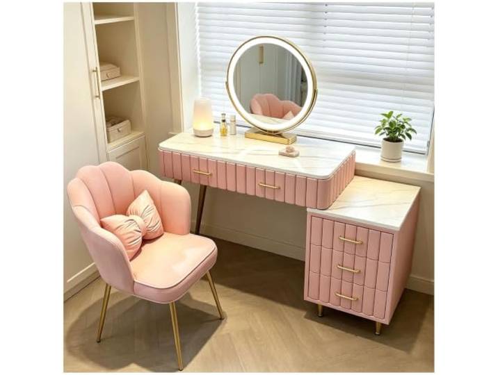 Preferspace Schminktisch mit 5 Schubladen und drehbarem Spiegel 3-Farben-Beleuchtung, goldene Eisenbeine, Marmorplatte, abnehmbarer Seitenschrank(Pink,100cm/39.4in)