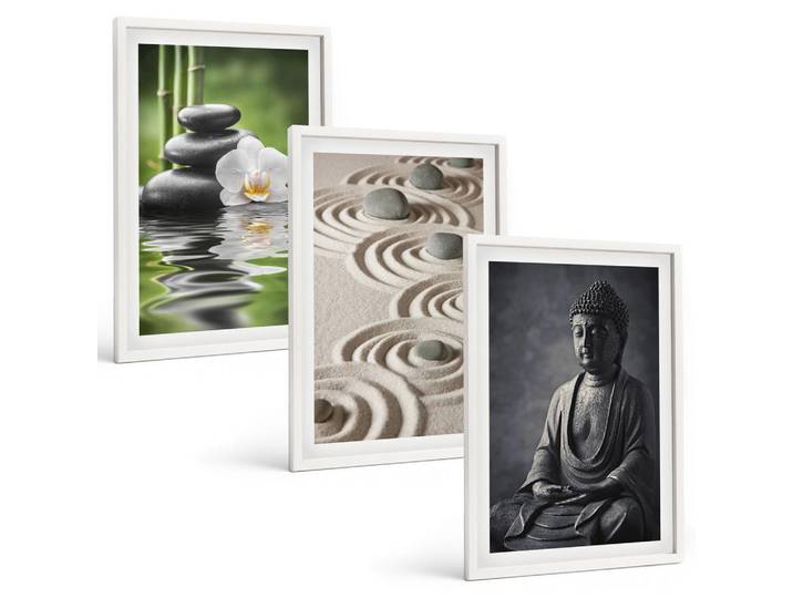 Tulup Bilder SET 3er Set - 40x60 cm Weißer Rahmen - Entspannender Blick auf den Zen-Buddha, Kunststoff, Rechteckig, 40x60 cm, Fotografie, Bilder & Rahmen, Bilder