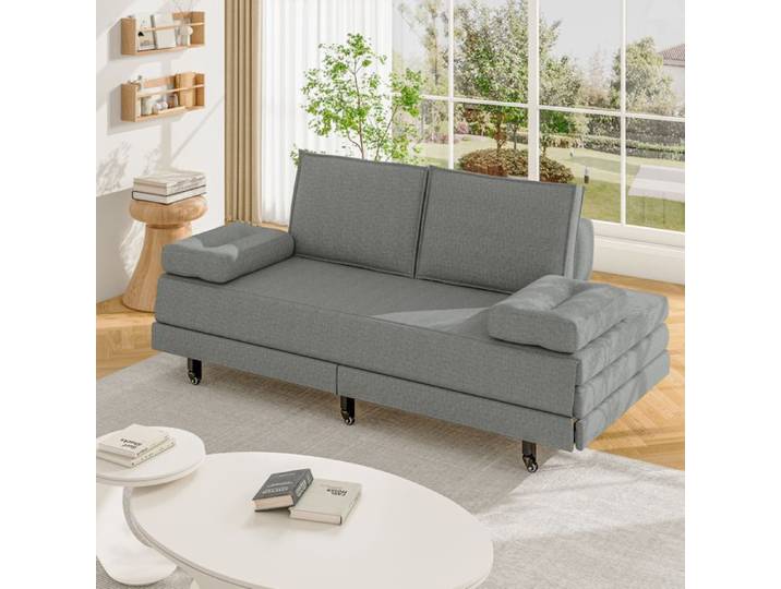 Canapé lit convertible 2 places - Futon sofa bed - Tissu lin gris - Déplié 180x200 cm - Mécanisme pliant