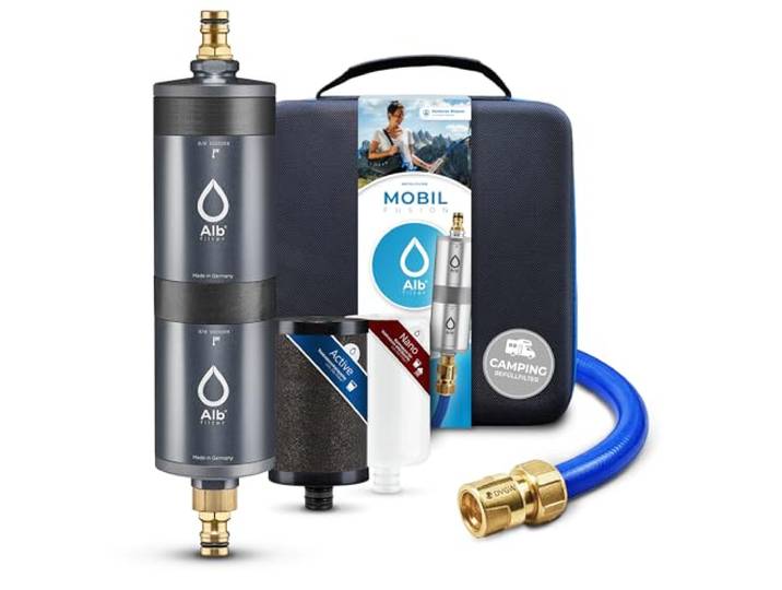 Alb Filter MOBIL FUSION Befüllfilter Camping Alu Titan + PROTECT Zweistufiger Wasserfilter gegen Schadstoffe & Keime bis 0,1 µm, Befüllfilter, GEKA-Set Gardena-kompatibel, Made in Germany