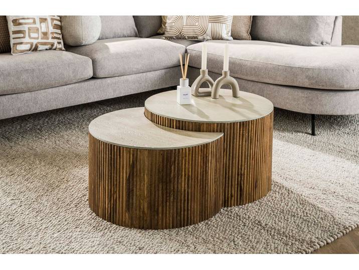 Couchtisch Oruva - 2er Set aus Mangoholz mit Keramik-Tischplatte - Natur - Luxusbetten24