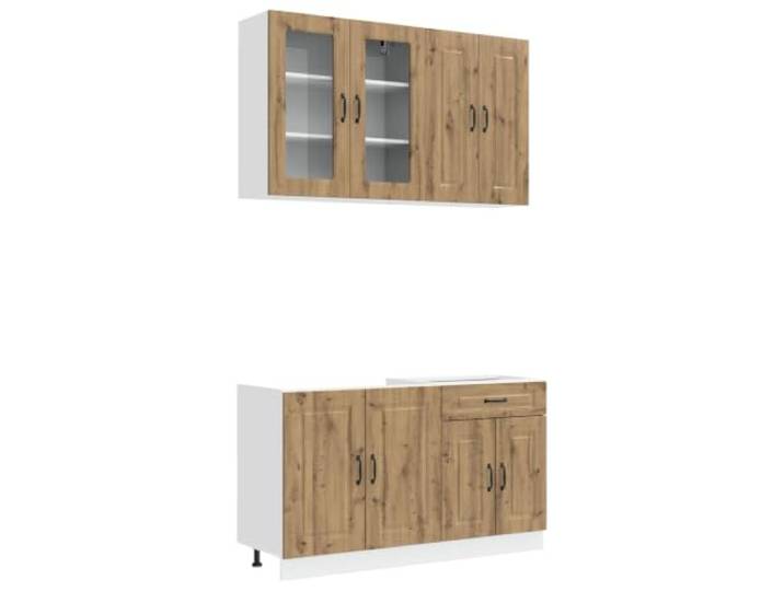 HKTMGDNG Küchenzeile 4-teilig Küchenschrank Set Artisan-Eiche Kalmar Vierteilige Einbauküche für die Küche mit verstellbaren Füßen, Glasvitrine, Schublade und robuster Holzoptik.