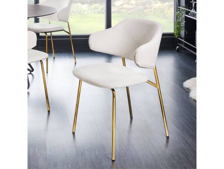 LebensWohnArt Stuhl Moderner Stuhl MODA weiss Bouclé goldene Metallbeine