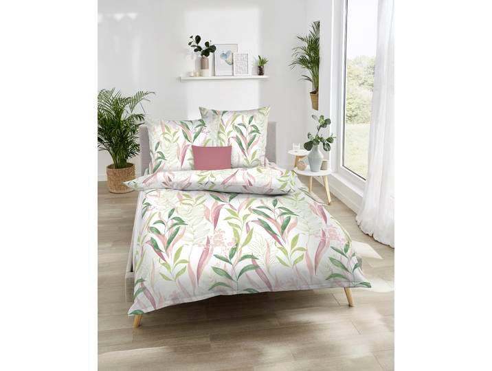Bettwäsche KAEPPEL Fresh Leaves , grün (kiwi), B/L: 135cm x 200cm, 1 Stk., 1 Stk., Perkal, B/L: 80cm x 80cm, 2 Stk., Perkal, Obermaterial: 100% Baumwolle, Bettwäsche, Bettwäsche, Mit Blättern