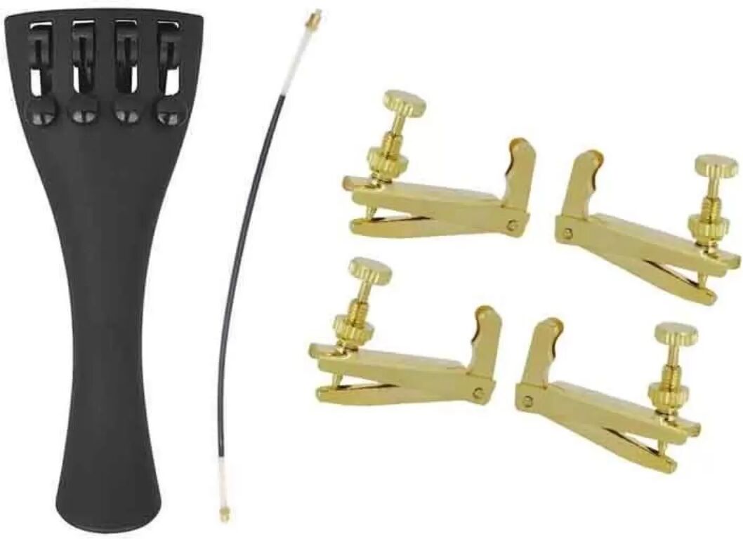 INF Metall-Saitenhalter für Violine mit Schwanzgurt und 4 Feinstimmern, Schwarz – Präzises Stimmen & Einfache Installation Gold