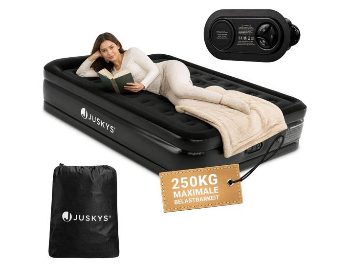 Juskys Luftmatratze Sapri L in Schwarz - 2 Personen Luftbett selbstaufblasend - integrierter Pumpe