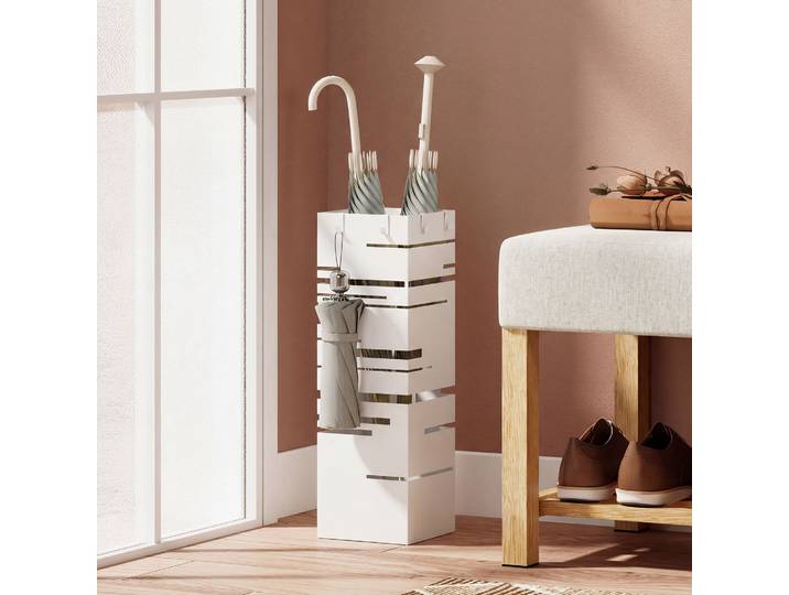 HOMCOM Porte-parapluies Métal Blanc avec Crochets et Bac Amovible