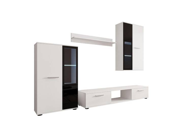 Mirjan24 Wohnwand Salsa mit blauer LED Beleuchtung, Weiß, Kunststoff, Rechteckig, 235x180x41 cm, Wohnzimmer, Wohnwände