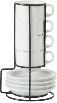 Gibson Home Gracious Dining Cups and Saucers Set of 4, Stackable Coffee Set with Metal Stand for Espresso and Cuppuccino