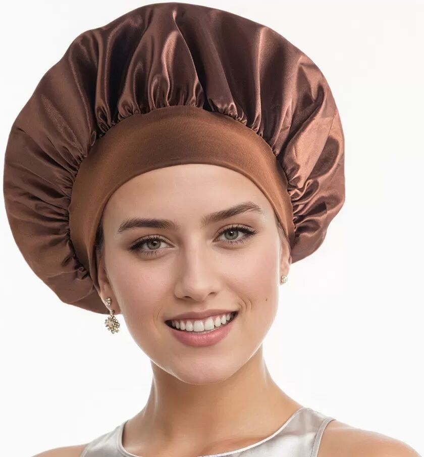 INF Bonnet de sommeil soyeux et doux pour femme, bandeau large de 12 pouces Marron