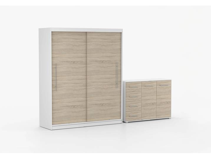 Schwebetürenschrank und Kommode 2er-Set TORINO II/FRIDA 01 Weiß Sonoma Eiche