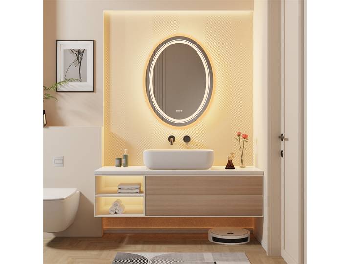 Miroir de salle de bain ovale mural LED 60x80cm, anti-buée, à intensité réglable, miroir de maquillage rétroéclairé, décoration de salle de bain à domicile