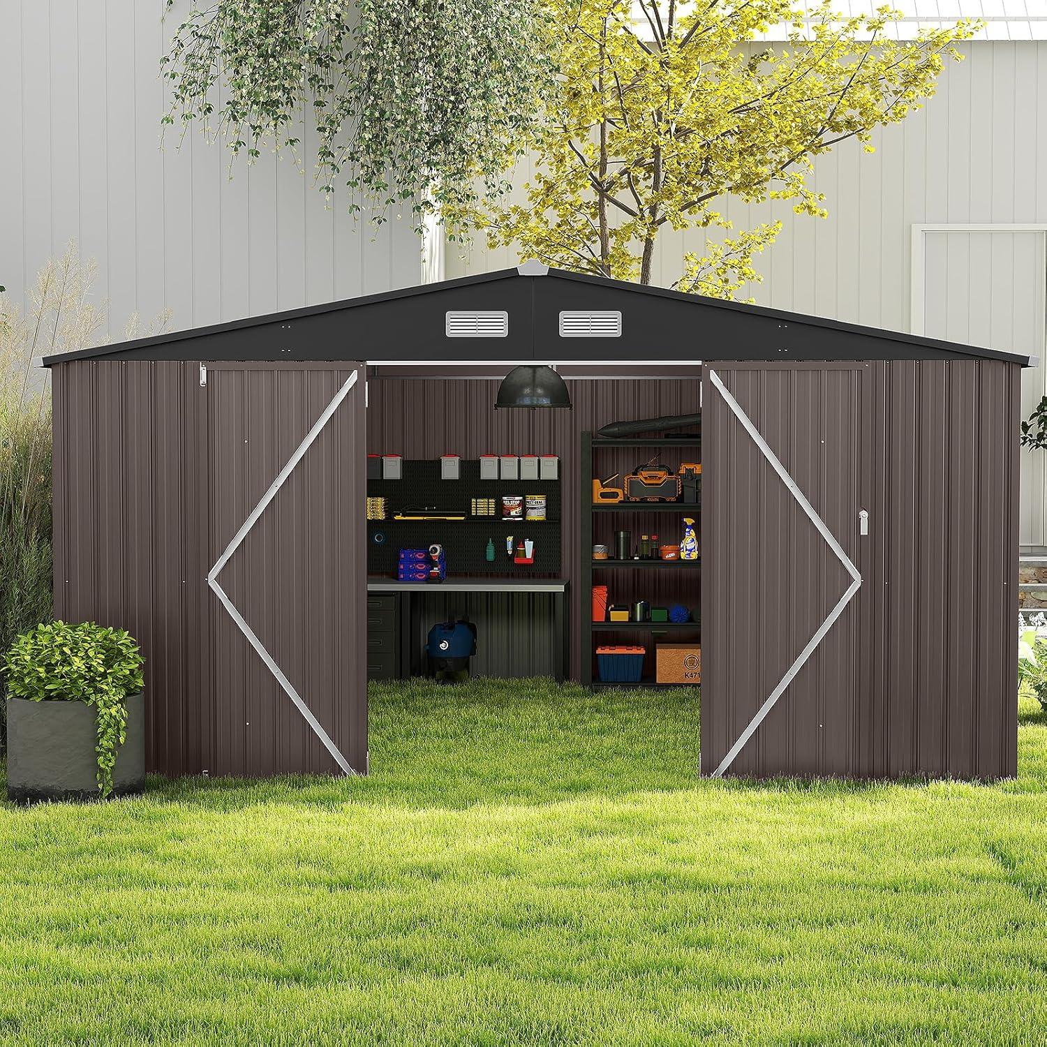 COSTWAY Gartenhaus Metall, 350x350x198cm Gerätehaus mit 2 Paar Handschuhe, Schrägdach & 4 Belüftungsöffnungen, Geräteschuppen abschließbar