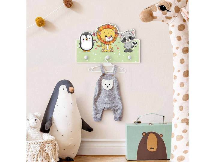 Patère enfants Pingouin, lion et raton 40 x 25 x 1cm Vert/Multicolore